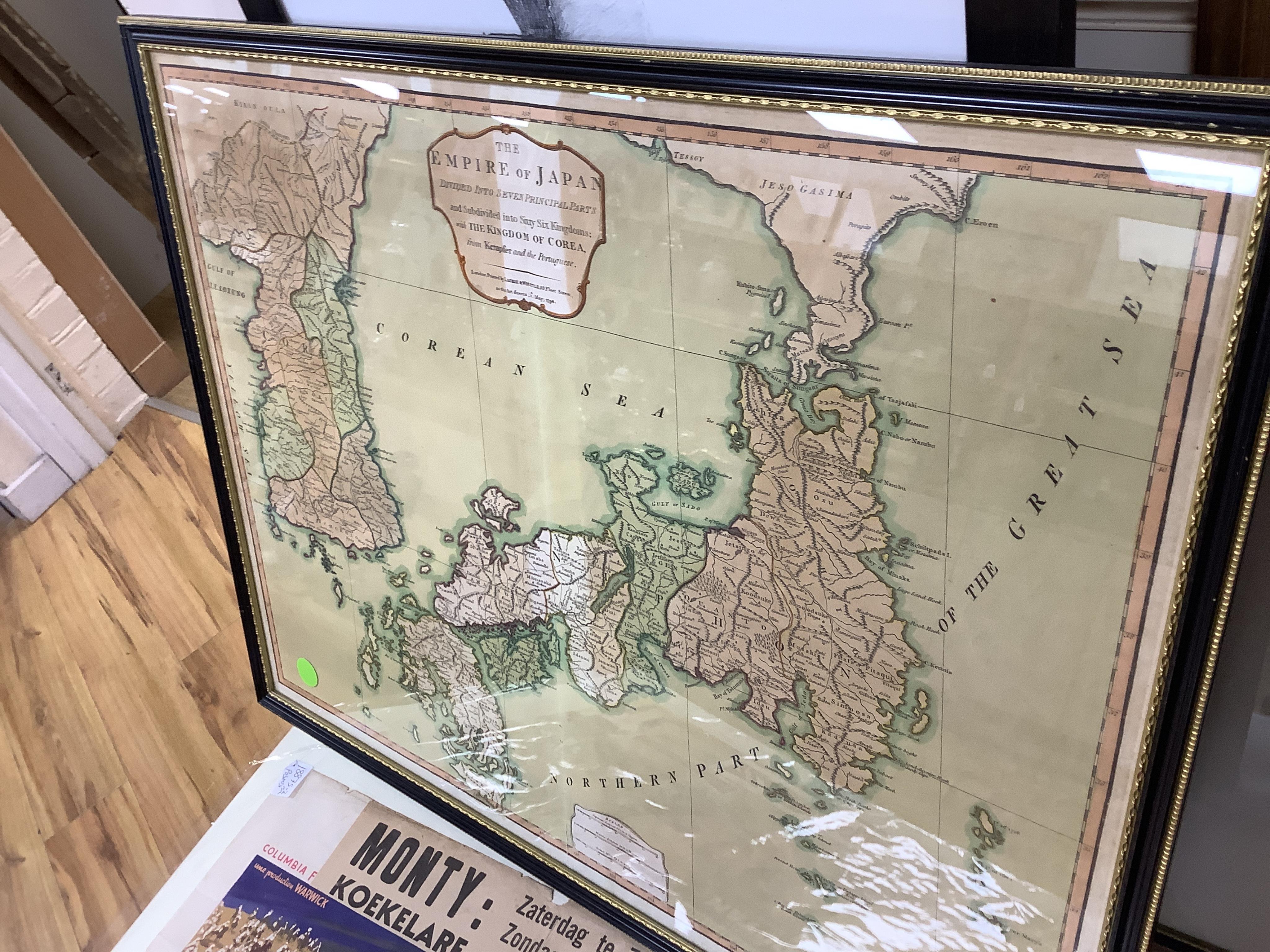 A collection of six maps and engravings to include: The Empire of Japan, printed by Laurie & Whittle, 1794 and China Proper from Gilberts Modern Atlas, framed